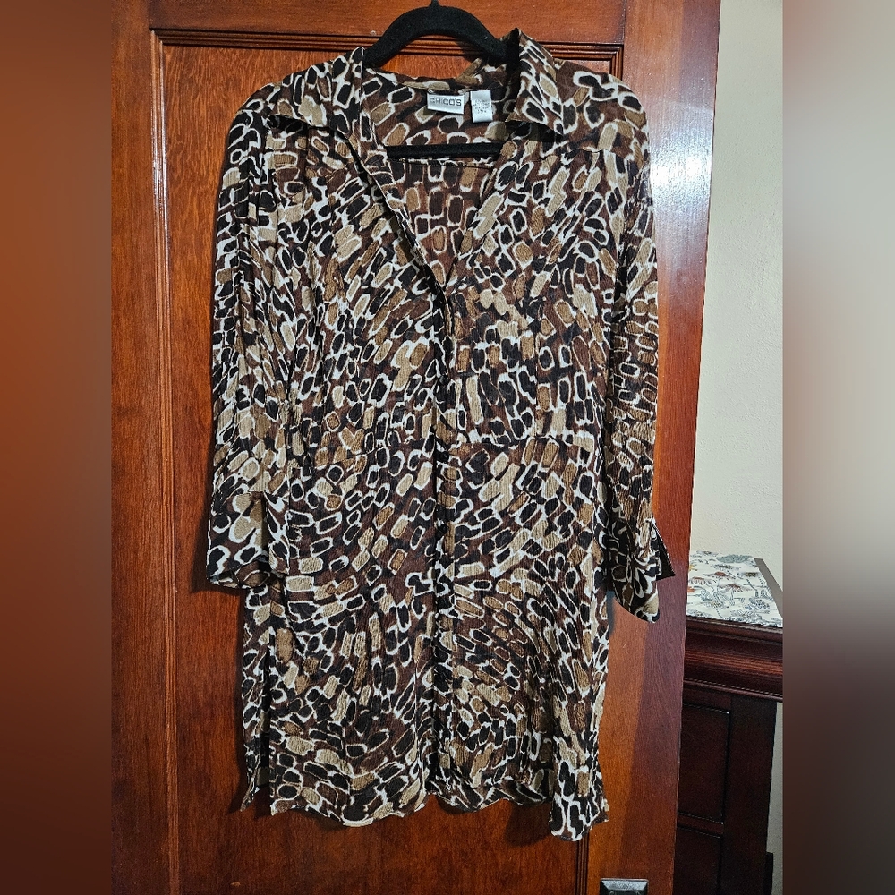 Chico's Brown 100% Silk Long-sleeve Button-down Top Tunic Size 2 Large